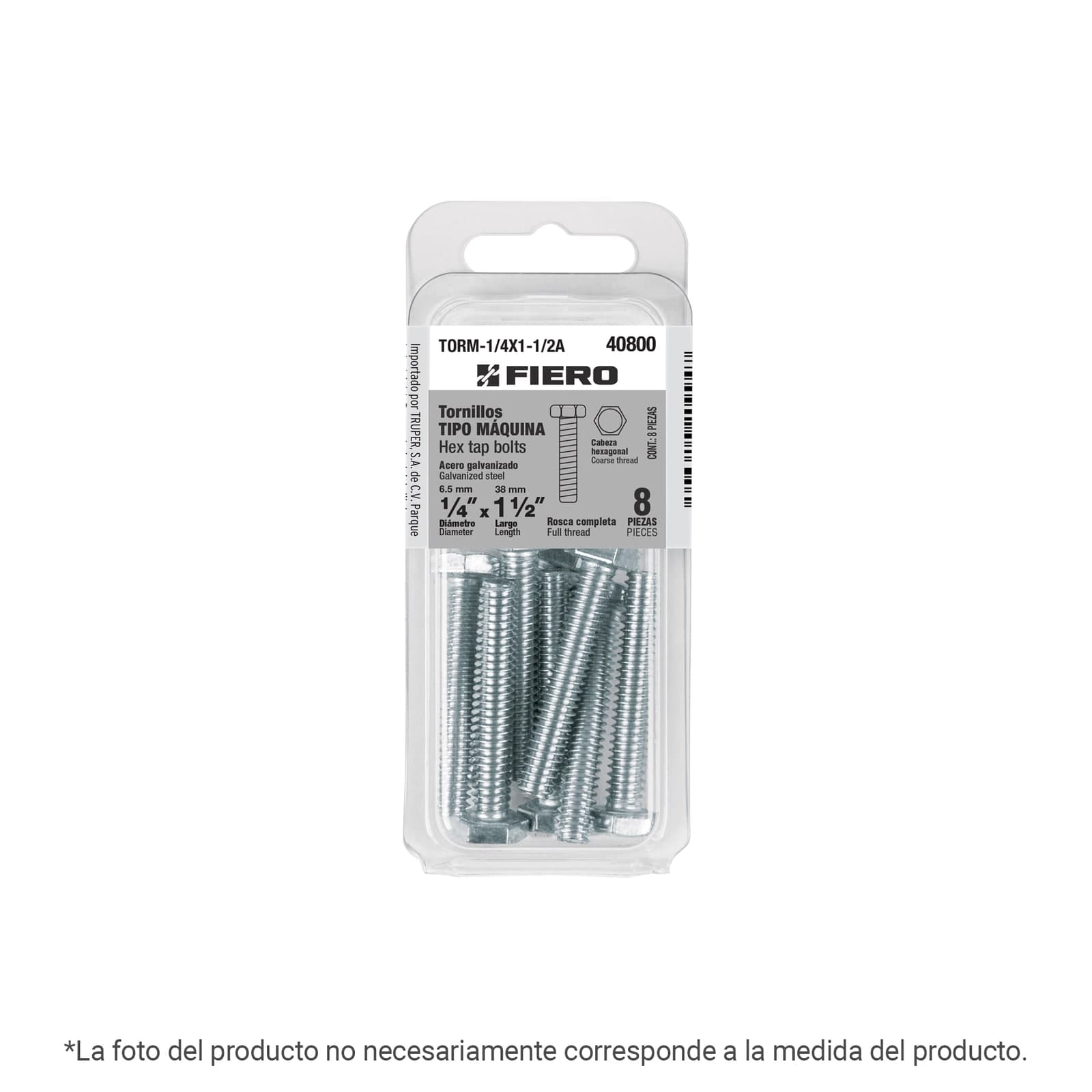 Tornillo Acero Galv. T/Máquina Blister 3/8 x 2" 4 Pzs TORM-3/8X2A Fiero