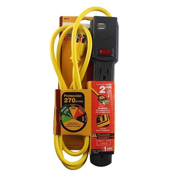 Multicontacto C/Supresor de Picos 6 Entradas 2 USB Cable 162 CM 8618 Sanelec