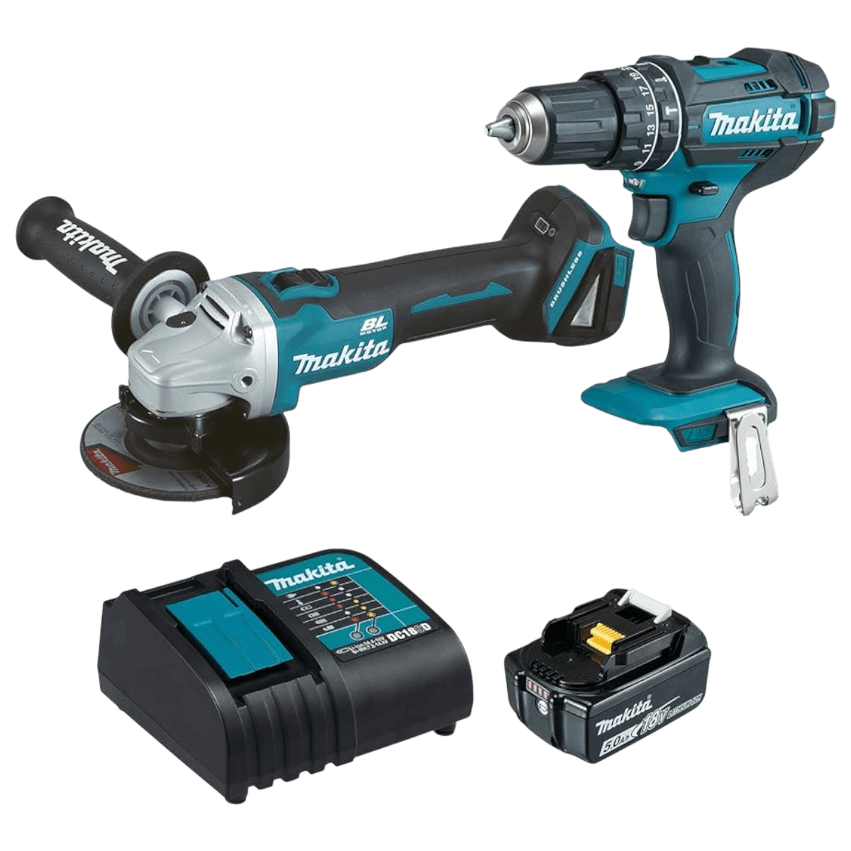 Kit Esmeriladora Inalámbrica y Rotomartillo C/Carg + 2 Bat DGA456STX2 Makita